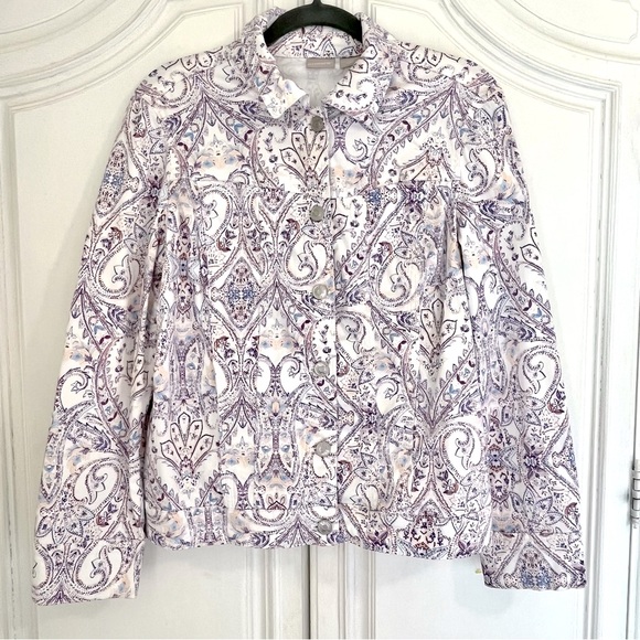 CHICOS JACKET | CHICOS SZ 1 (8-10) | WHITE WITH LAVENDER BLUE GEOMETRIC PATTERN - Picture 1 of 15